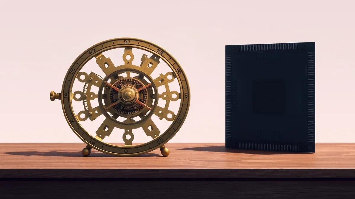 Illustration: An antique brass cipher wheel sits open on a wooden desk, its dials perfectly aligned to reveal a hidden pattern.