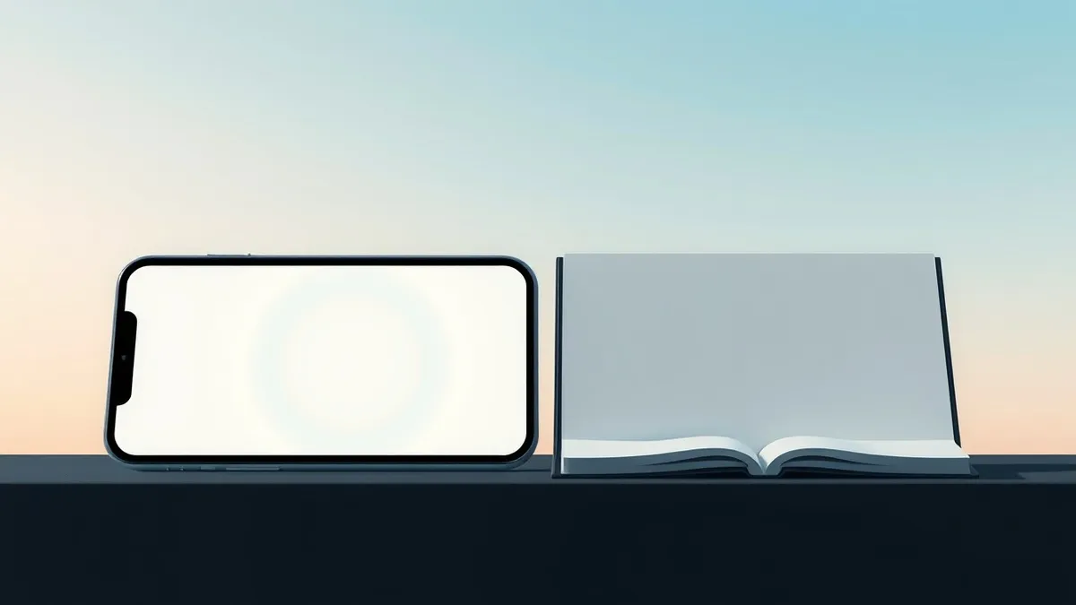Illustration: Two smartphones rest on a dark surface, one a sleek bar and the other a folded book.
