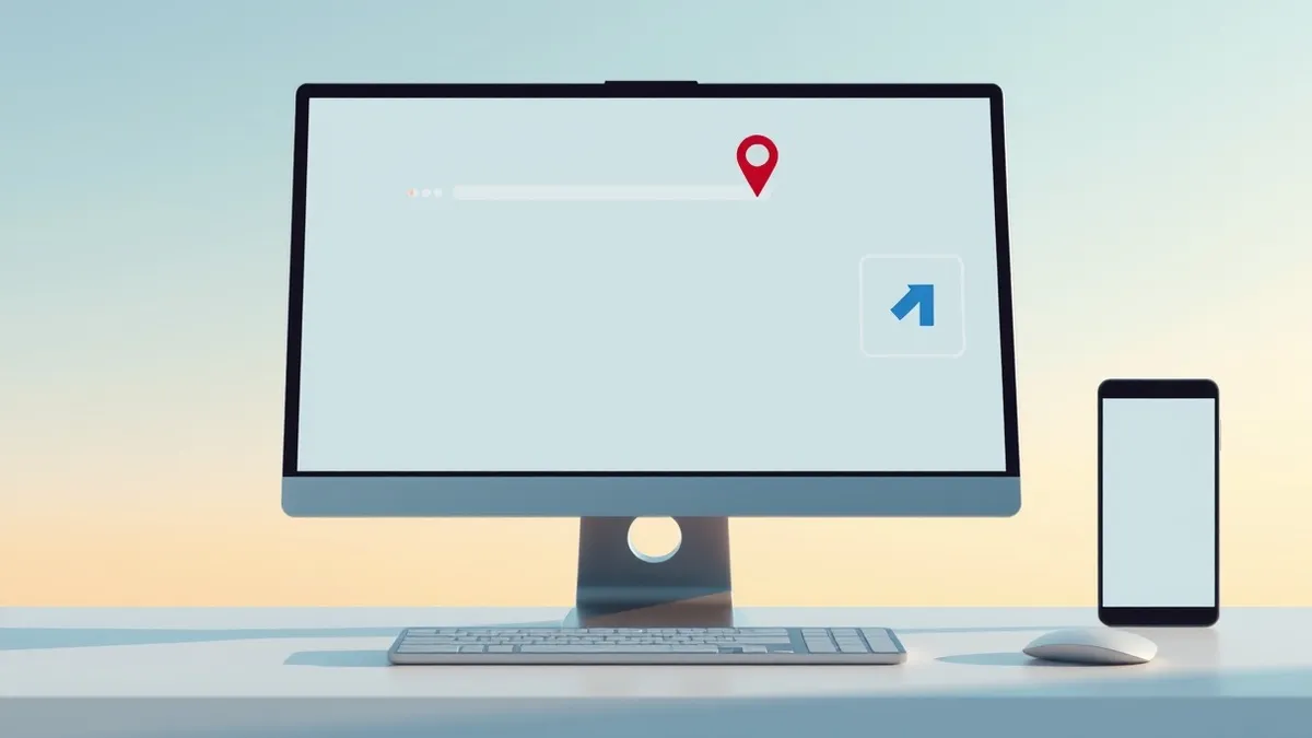 Illustration: A sleek desktop computer displays a web browser with a blank address bar and abstract geometric shapes on the screen.