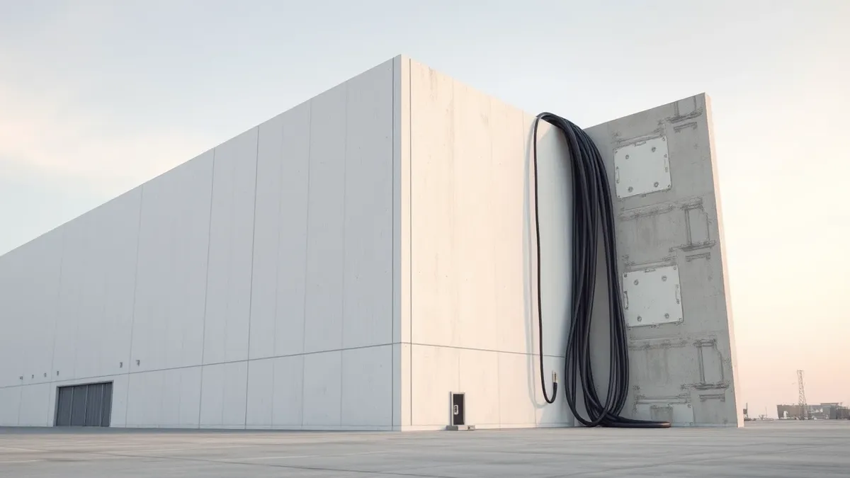 Illustration: A massive white industrial building stands silent against a gray sky.