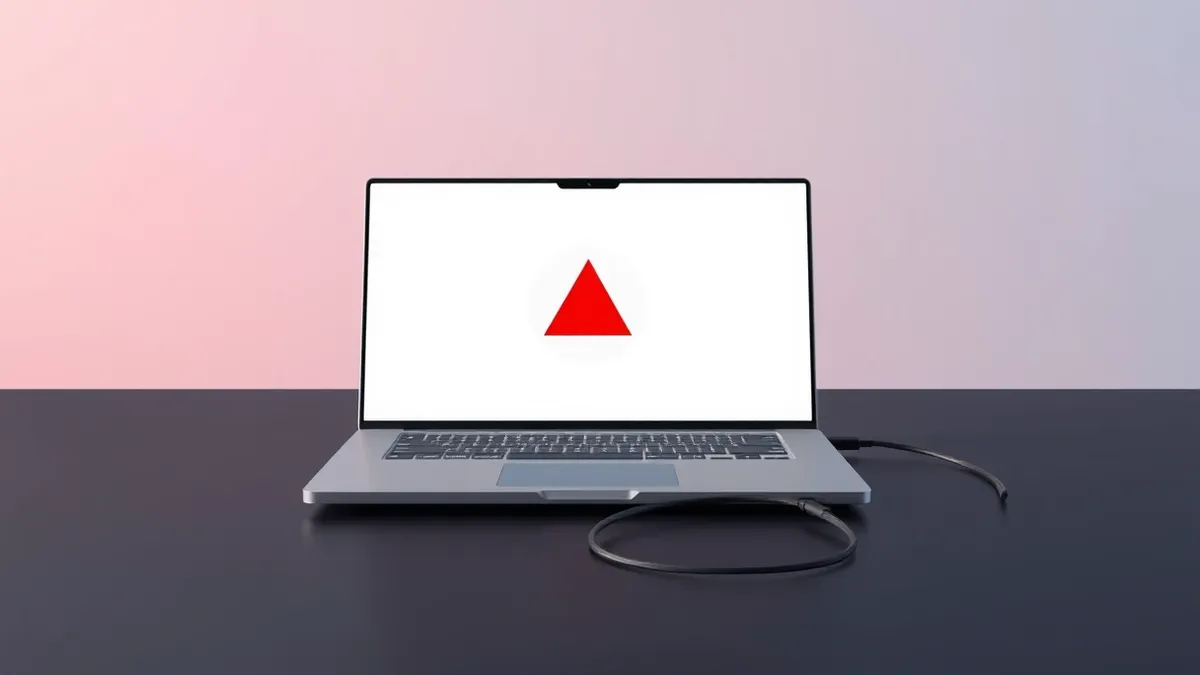 Illustration: A sleek silver laptop sits open on a dark desk, its screen displaying a single red warning triangle inside a white circle.