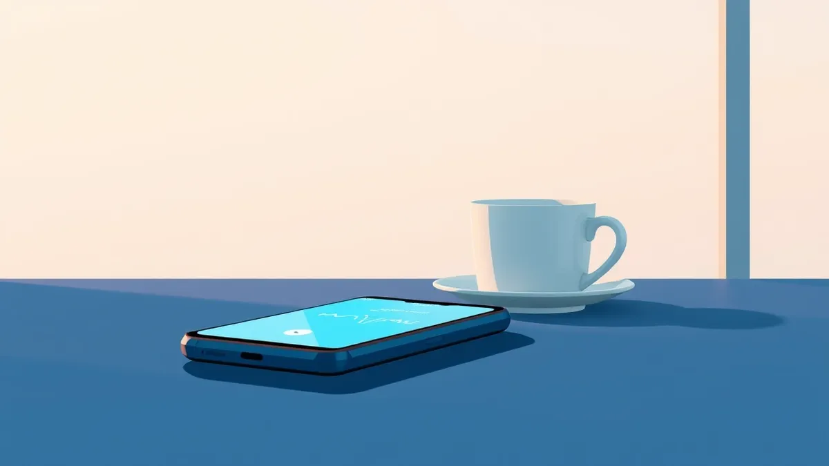 Illustration: A sleek smartphone rests on a diner table beside a ceramic coffee cup.