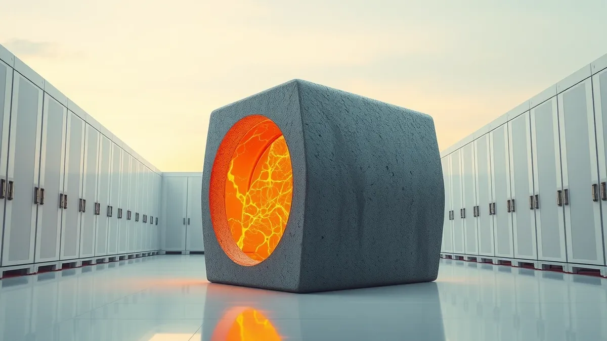 Illustration: A heavy cylindrical concrete block sits in a sterile laboratory, its rough gray surface radiating intense heat.