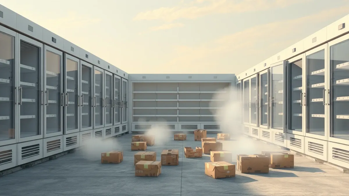Illustration: A row of industrial supermarket freezers stands with doors slightly ajar, releasing thick white steam into a cold aisle.