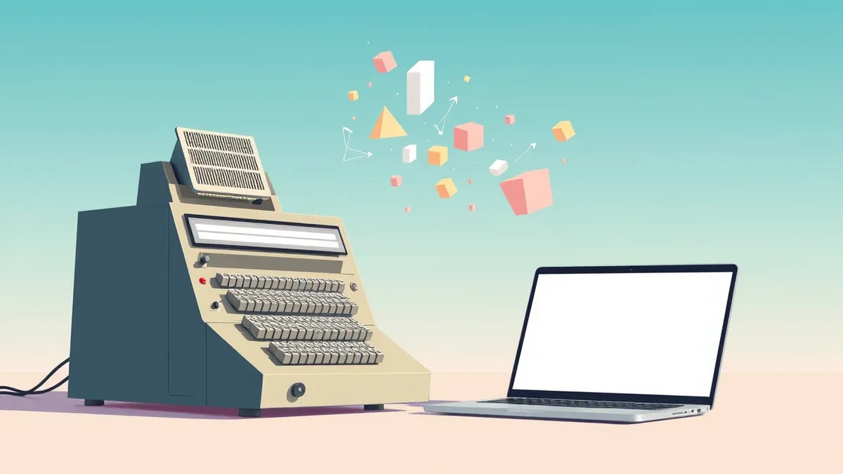 Illustration: A vintage punch card sorter sits beside a sleek, modern laptop.