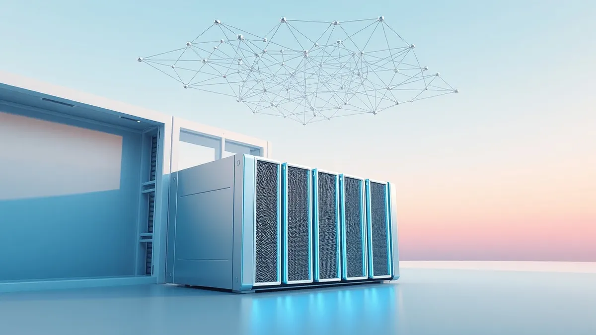 Illustration: A sleek silver server blade sits in a clean white rack, its front panel glowing with soft blue LED strips.