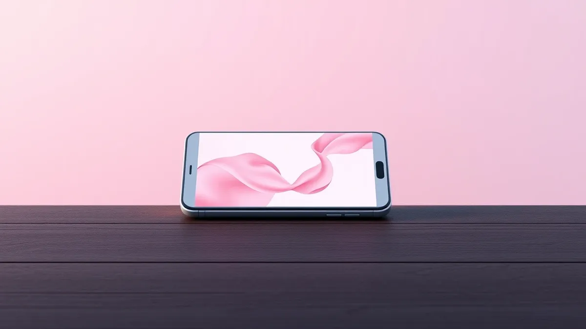Illustration: A sleek white smartphone rests on a dark wooden table.