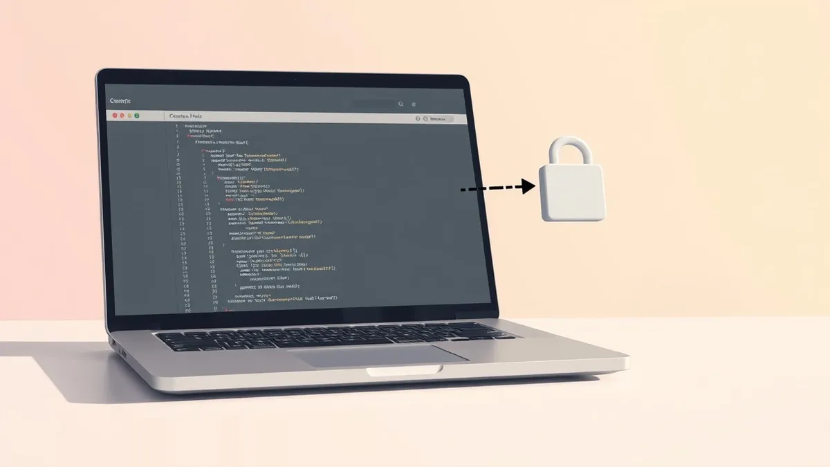 Illustration: A sleek laptop sits open on a desk, displaying a blank code editor window with generic syntax highlighting.