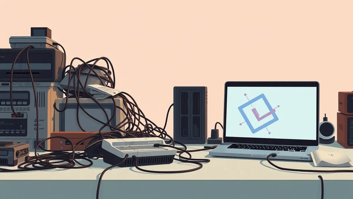 Illustration: A cluttered desk holds a vintage game case beside a modern laptop displaying abstract geometric shapes on its screen.