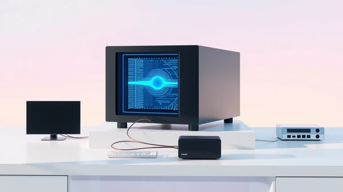 Illustration: A sleek black server node sits on a clean white desk, emitting a soft blue pulse from its central processing unit.