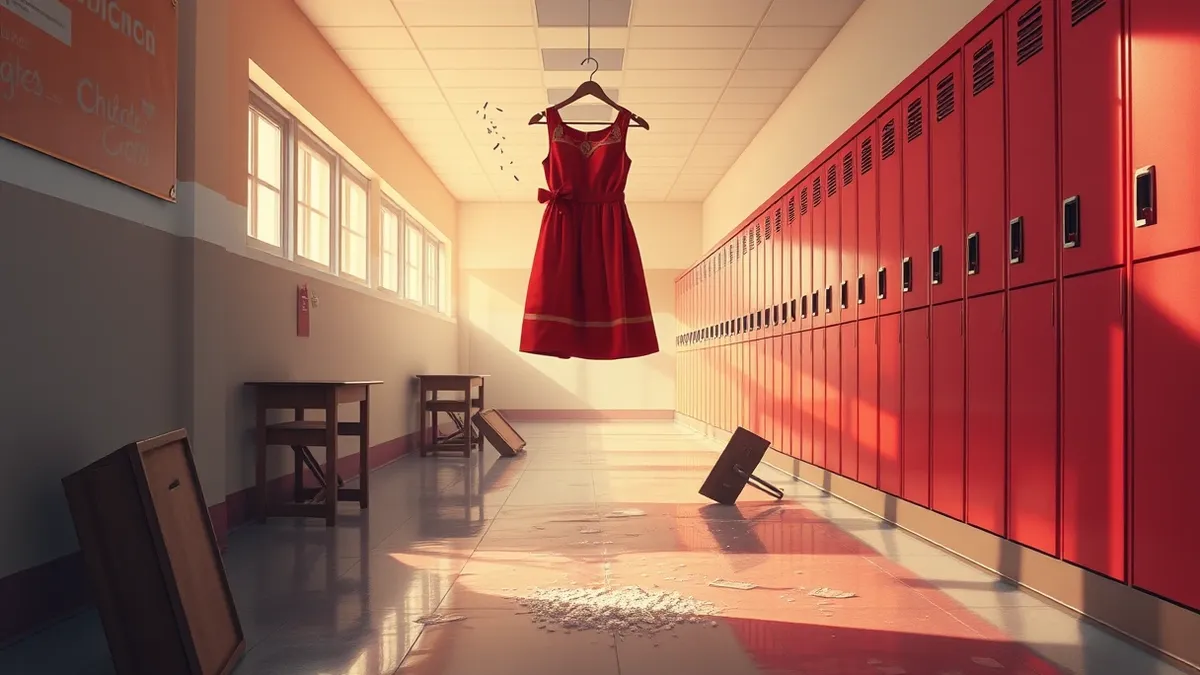 Illustration: A vintage 1960s school hallway with red lockers and a wet floor.