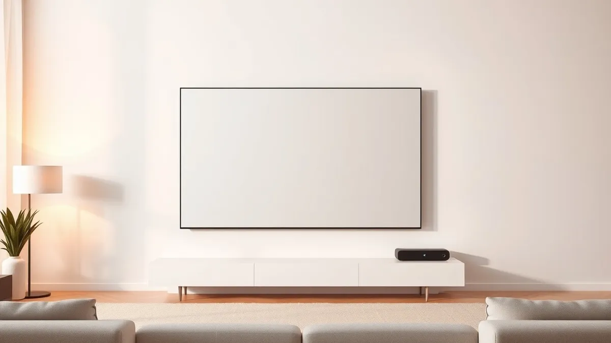 Illustration: A sleek, minimalist living room features a large blank television screen mounted on a white wall.