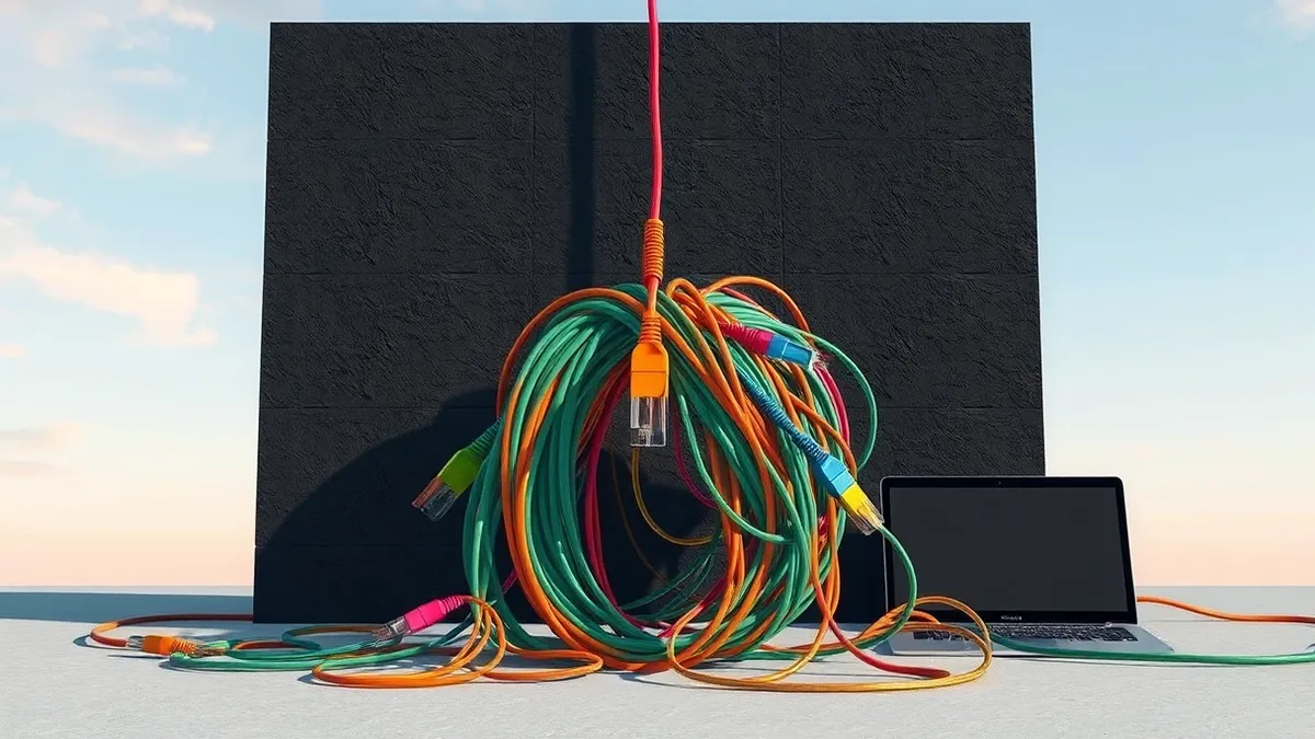 Illustration: A tangled ball of multicolored ethernet cables is abruptly severed by a clean, straight wall of black stone.