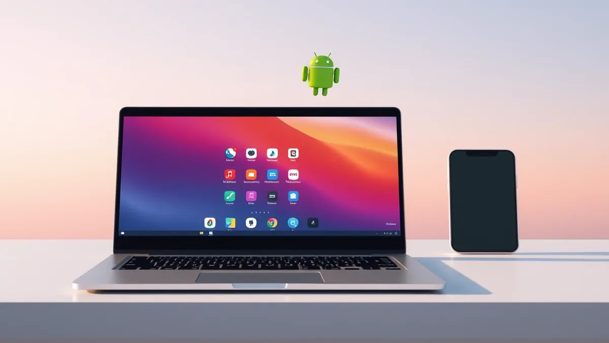 Illustration: A sleek silver laptop sits open on a minimalist desk, its screen displaying a clean interface with colorful app icons arranged in a grid.
