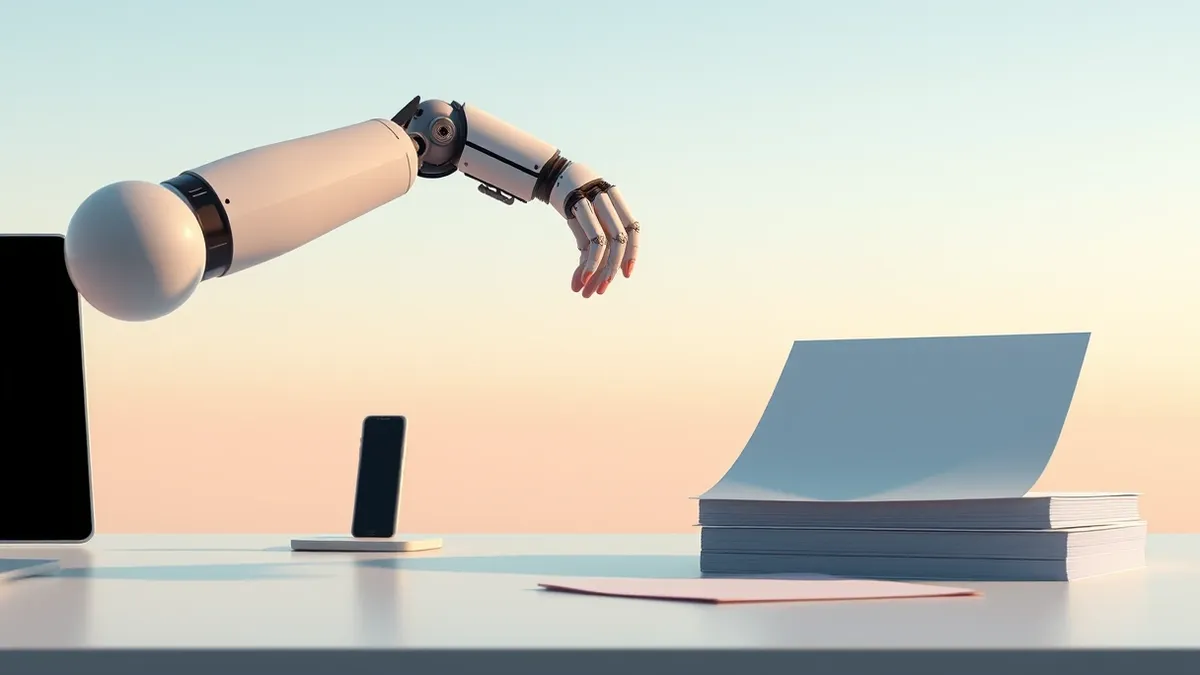 Illustration: A sleek autonomous robot arm extends toward a stack of blank white papers on a minimalist desk.