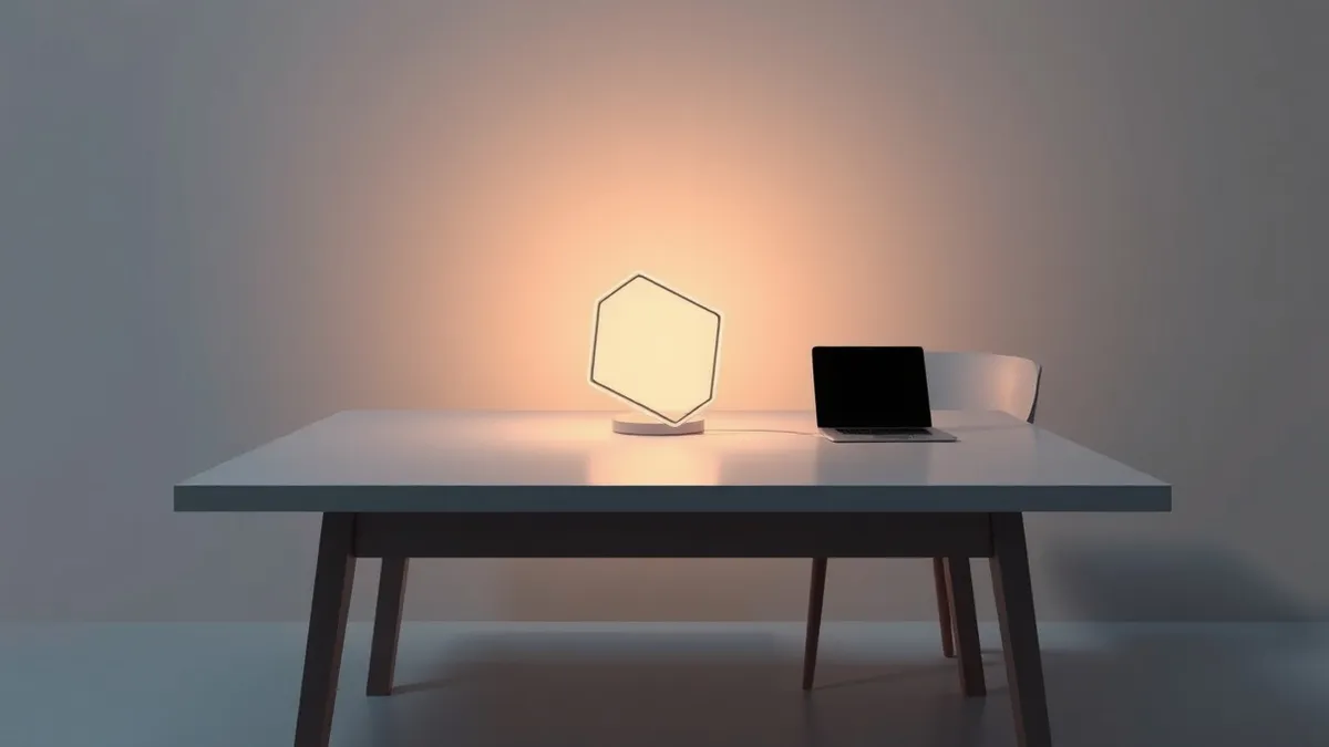 Illustration: A simple geometric shape pulses with soft light on a blank table, mirroring the gentle curve of an empty chair beside it.