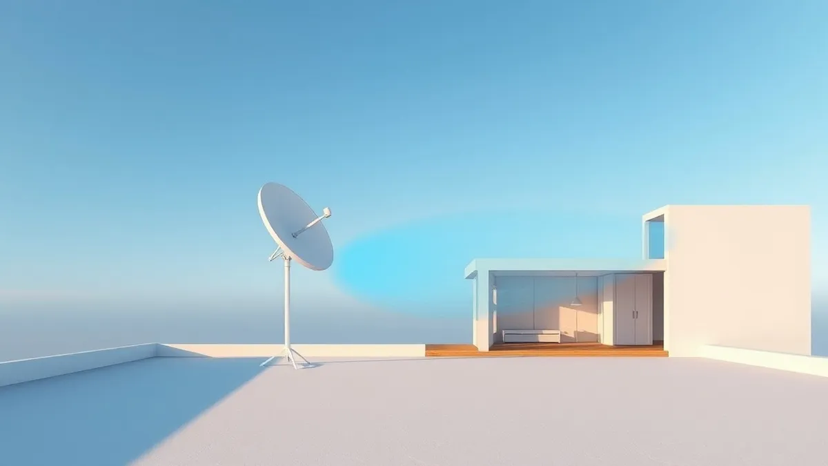 Illustration: A small white satellite dish rests on a flat rooftop against a clear blue sky.