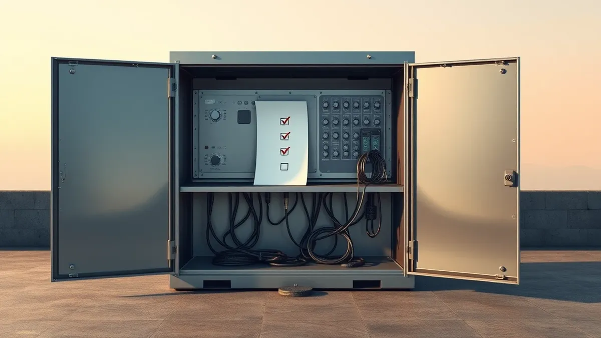 Illustration: A heavy steel industrial control cabinet sits on a concrete floor with its door open to reveal blank circuit boards and tangled cables.