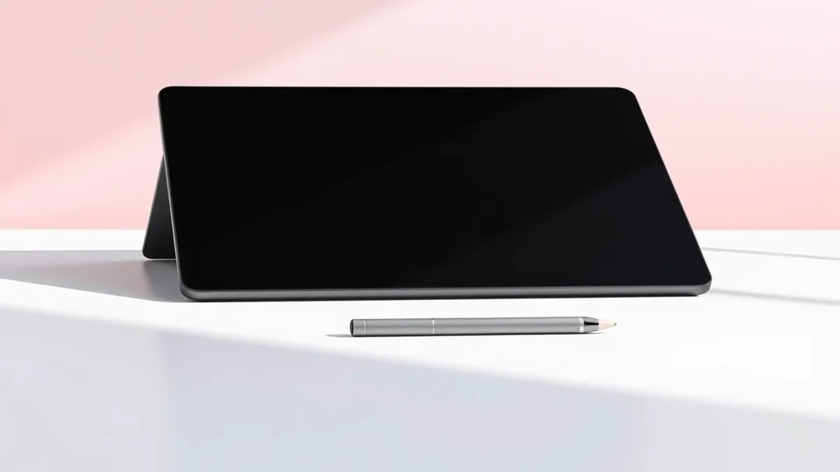 Illustration: A sleek slate-shaped tablet device rests on a clean white desk surface, angled slightly toward the viewer.
