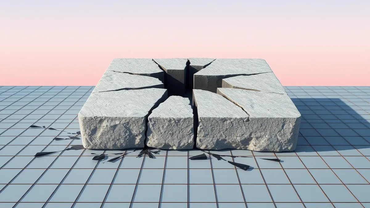 Illustration: A cracked stone tablet rests on a digital grid, its surface stained with jagged black ink that seeps into the lines below.