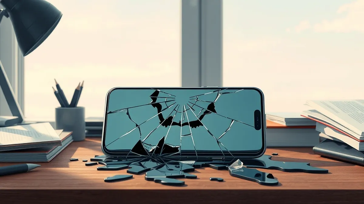 Illustration: A cracked smartphone screen sits on a cluttered desk, its glass shattered into sharp, jagged fragments that reflect the cold light of a nearby window.
