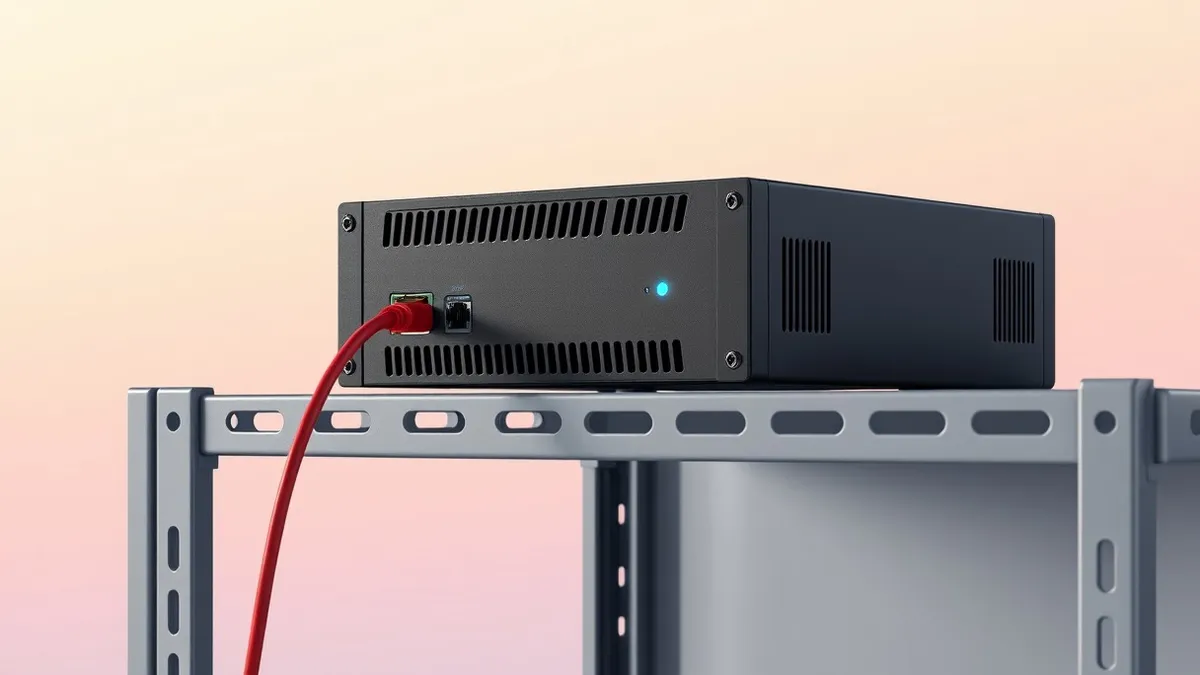 Illustration: A black rectangular network appliance sits on a gray metal rack shelf.