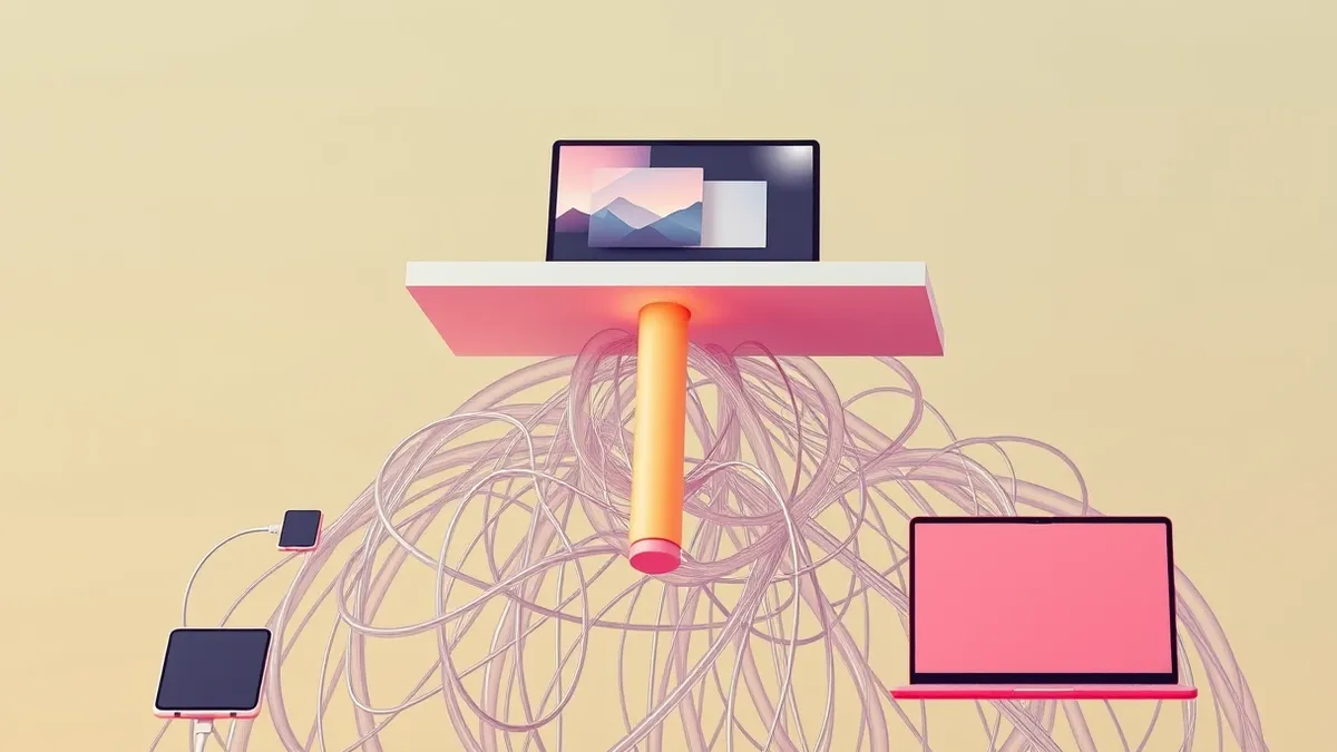 Illustration: A sleek design interface with abstract geometric shapes floats above a tangled network of transparent data tubes.