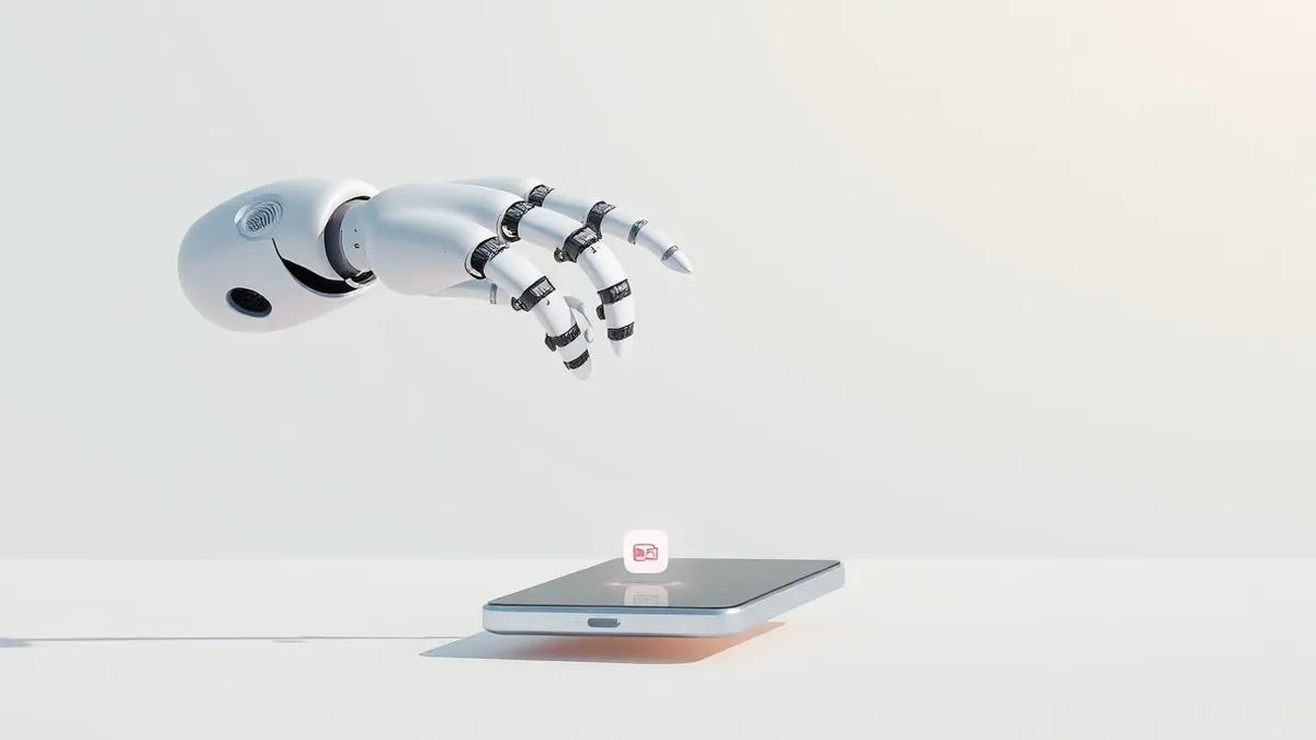 Illustration: A sleek white robot arm hovers over a blank smartphone screen, its fingers rapidly tapping generic abstract icons in a frantic, repetitive motion while a small digita