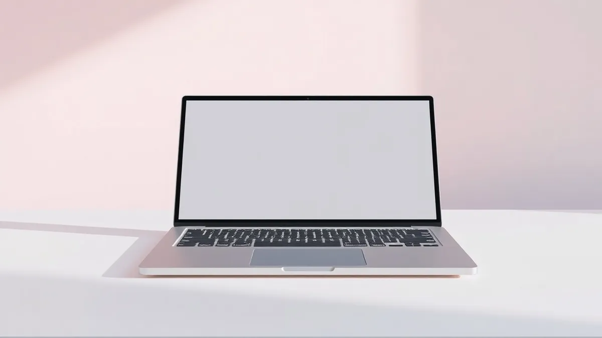 Illustration: A sleek laptop rests on a clean white desk, its lid open to reveal a wide, seamless touchscreen display.