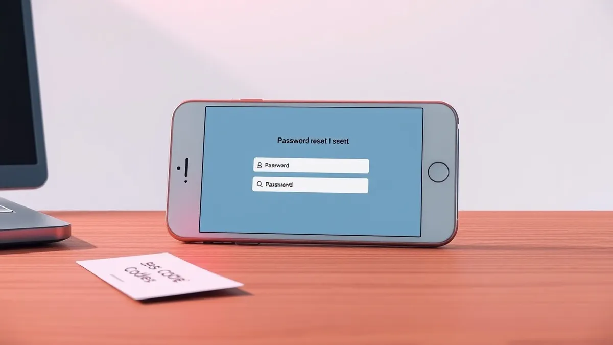 Illustration: A white smartphone rests on a wooden desk, its screen displaying a blank password reset form.