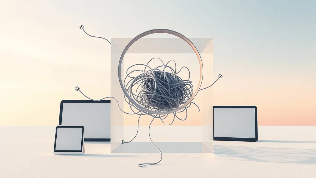 Illustration: A magnifying glass hovers over a tangled knot of gray wire threads inside a transparent cube.