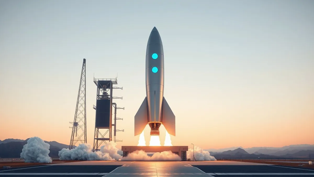 Illustration: A sleek silver rocket sits on a launchpad, its engines glowing with intense blue heat as smoke billows from the base.