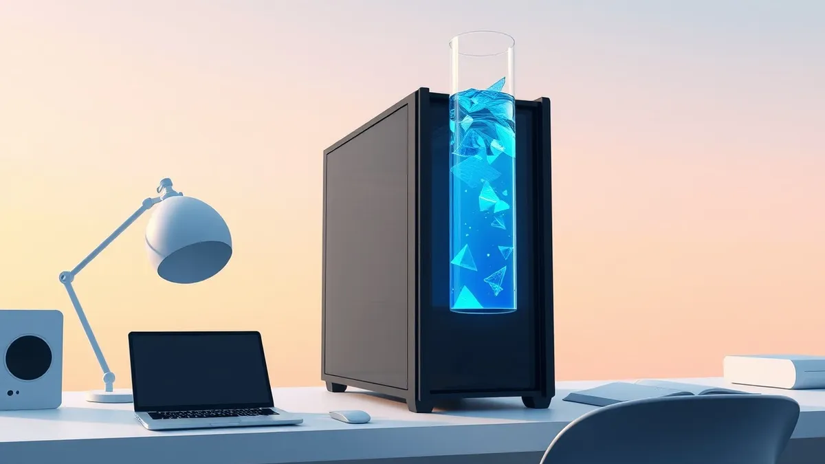 Illustration: A sleek black server tower sits on a white desk.