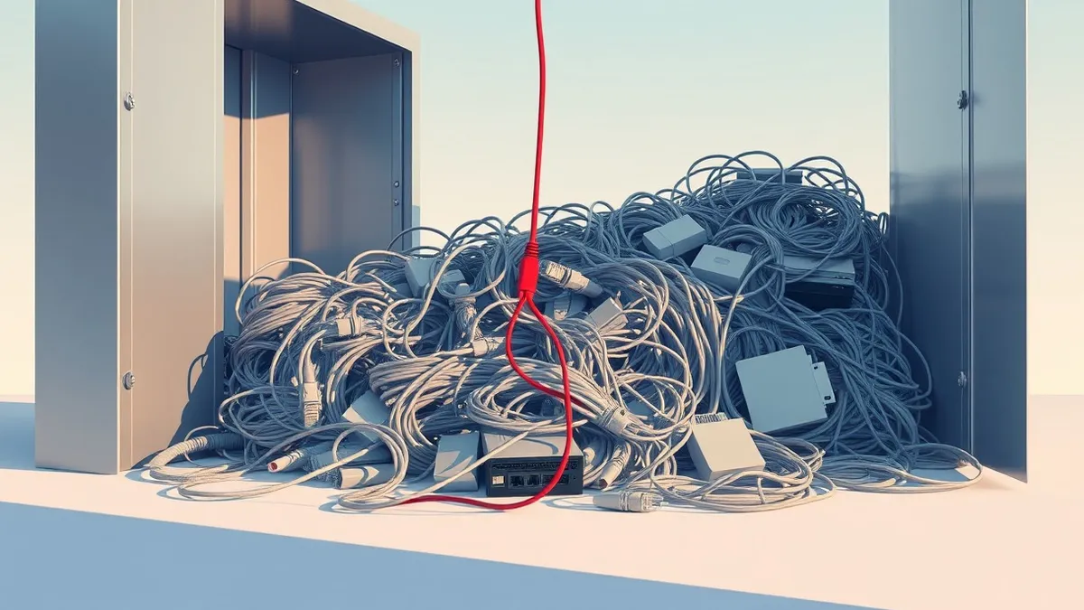Illustration: A chaotic pile of tangled ethernet cables and loose hardware components spills from an open metal closet.