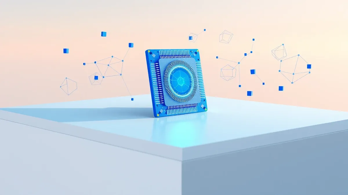 Illustration: A glowing blue processing chip rests on a clean white surface, surrounded by floating abstract geometric shapes representing neural network nodes.