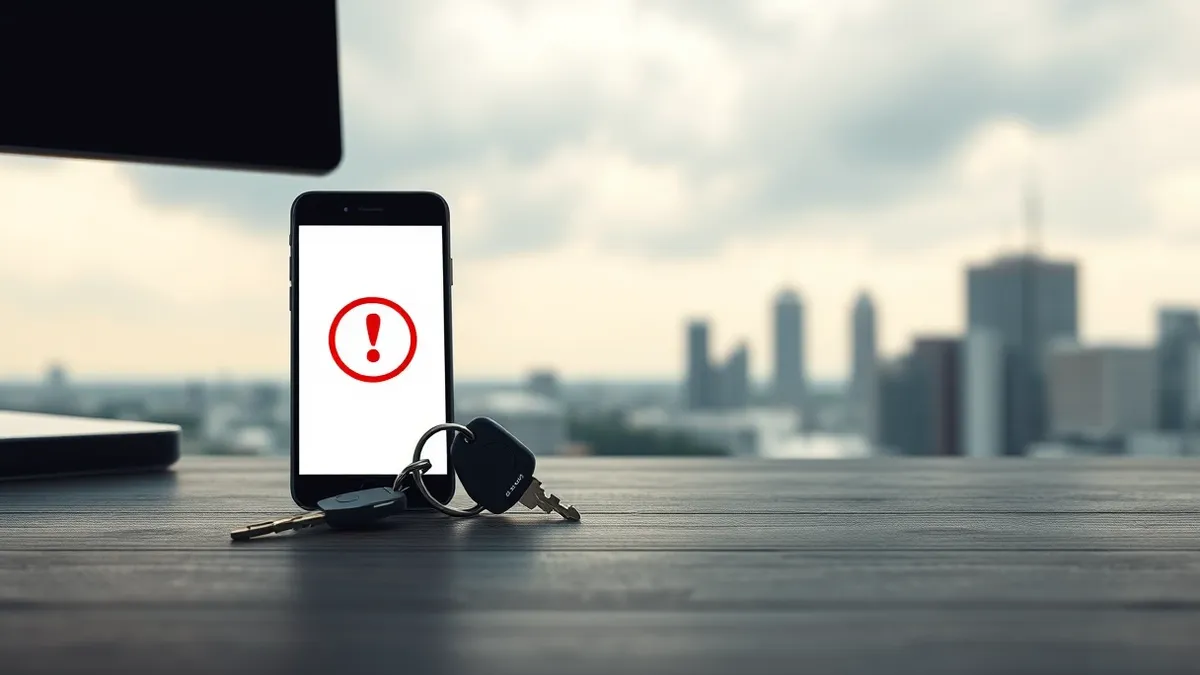 Illustration: A sleek black security key rests on a dark wooden desk beside a modern smartphone.
