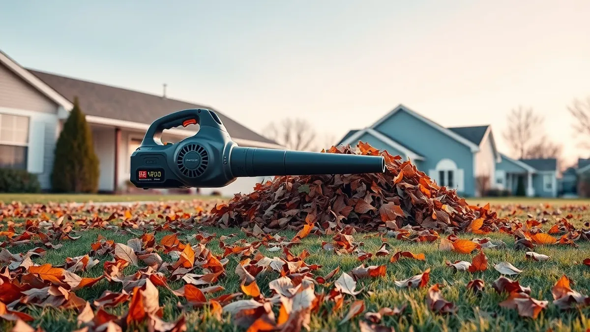 Illustration: A cordless leaf blower sits on a patch of fallen autumn leaves in a suburban yard.
