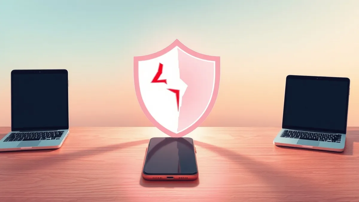 Illustration: A sleek smartphone sits on a wooden desk beside a stylized, glowing shield that is cracking open.