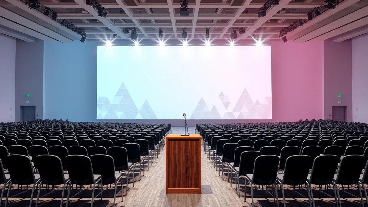 Illustration: A vast convention hall floor stretches into the distance under bright overhead lights.