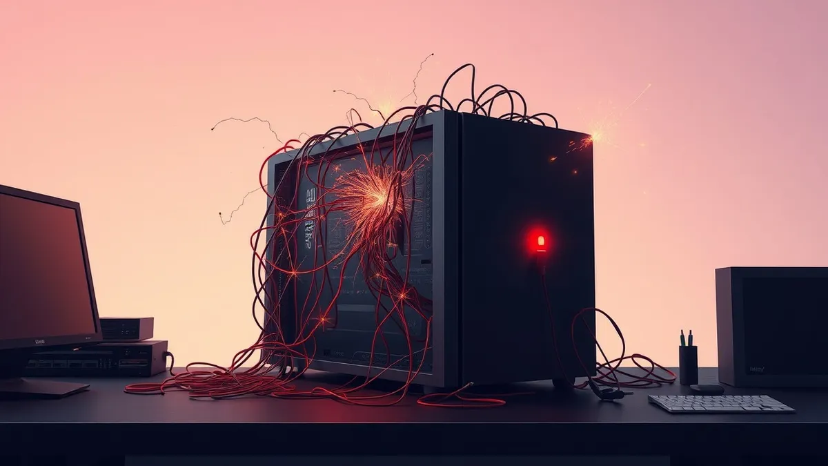 Illustration: A sleek cloud server sits on a dark desk, its surface cracked open to reveal tangled, tangled wires leaking jagged orange sparks into the air.