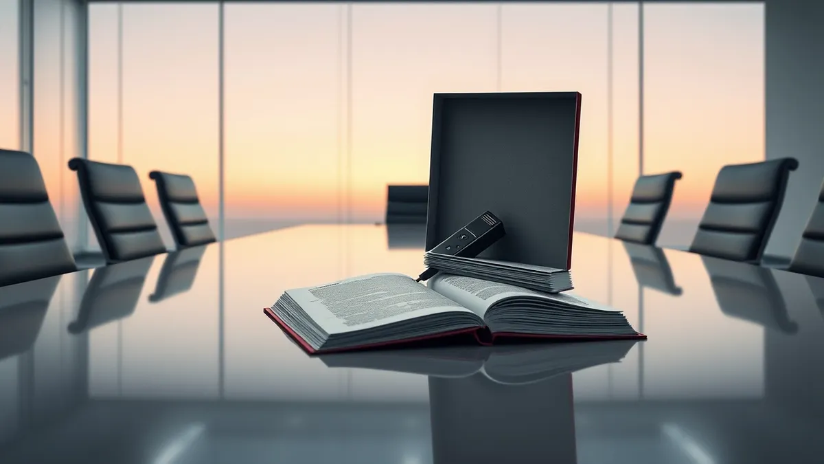 Illustration: A small black audio recorder hides inside a hollowed-out book on a polished conference table.