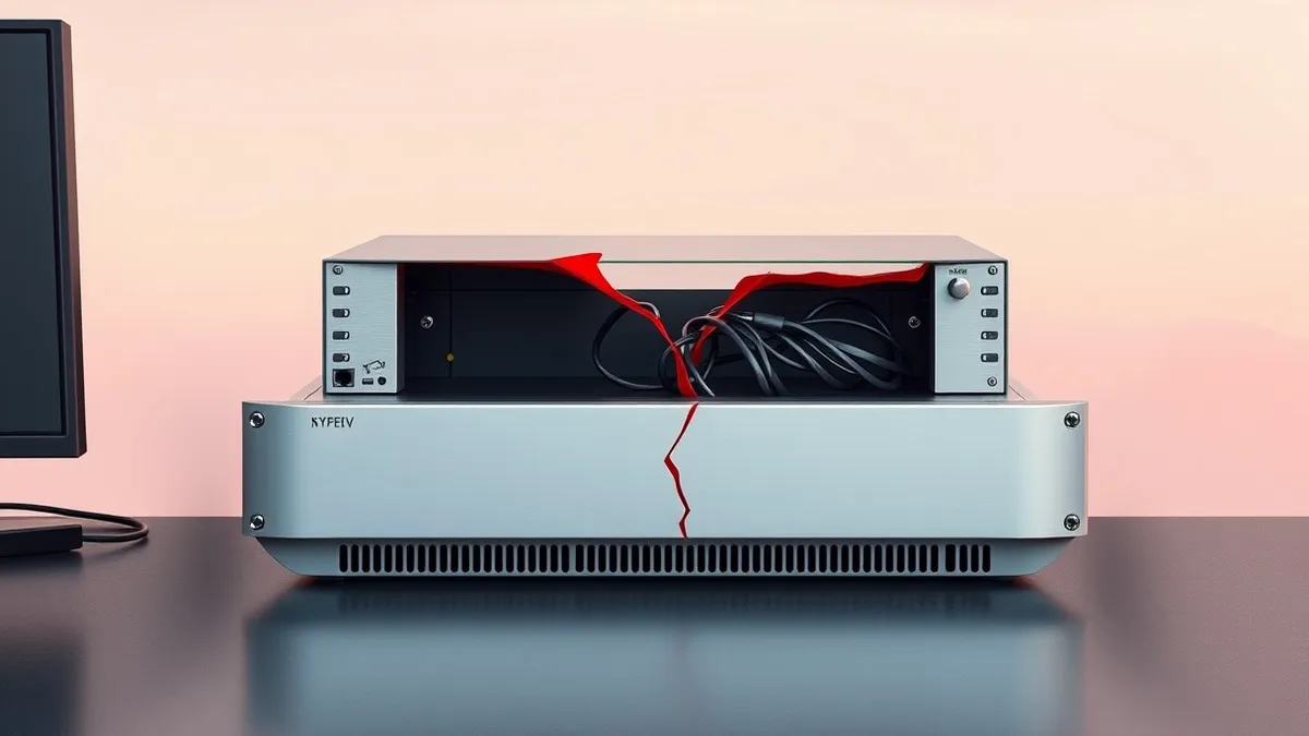 Illustration: A sleek silver network appliance sits on a dark desk, its front panel displaying only blank gray indicator lights.