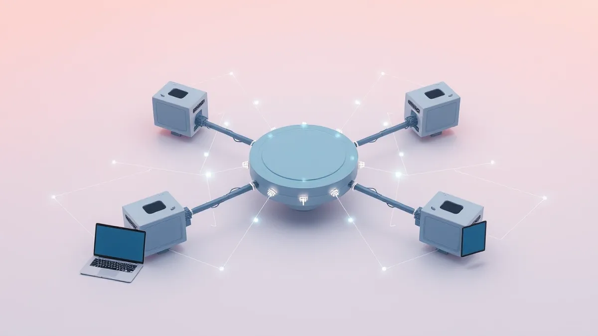 Illustration: A central hub connects to several distinct peripheral modules through glowing digital threads.