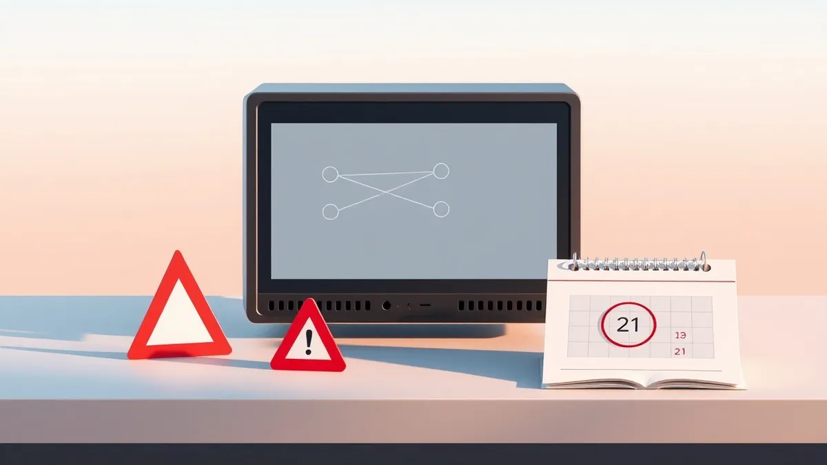 Illustration: A generic web server icon sits on a flat surface next to a small, red warning triangle and a calendar page marked with a circled date.