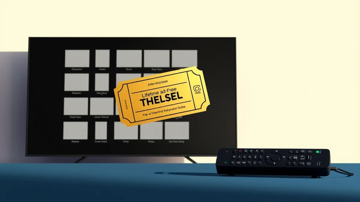Illustration: A sleek television screen displays a grid of blank movie thumbnails against a dark background.