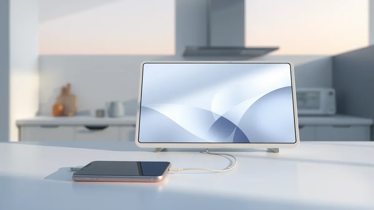 Illustration: A smooth white smart display sits on a kitchen counter, its screen showing only soft abstract geometric shapes.