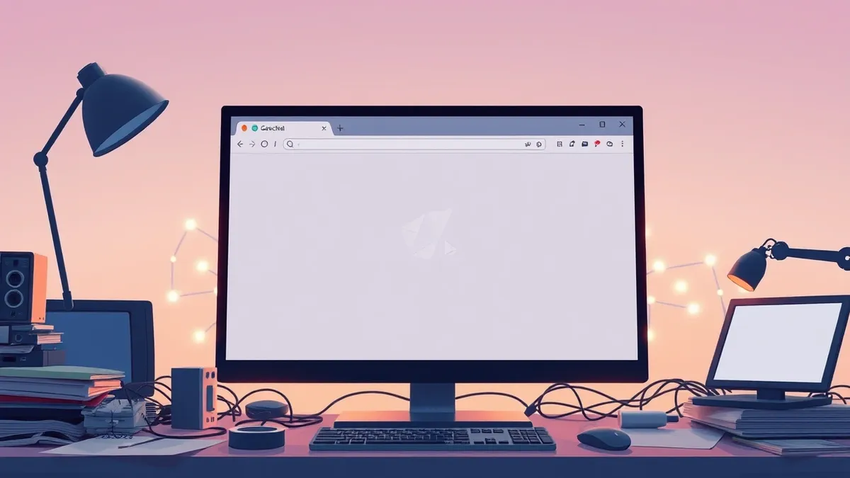 Illustration: A sleek web browser window sits on a cluttered desk, its interface displaying only abstract geometric shapes.