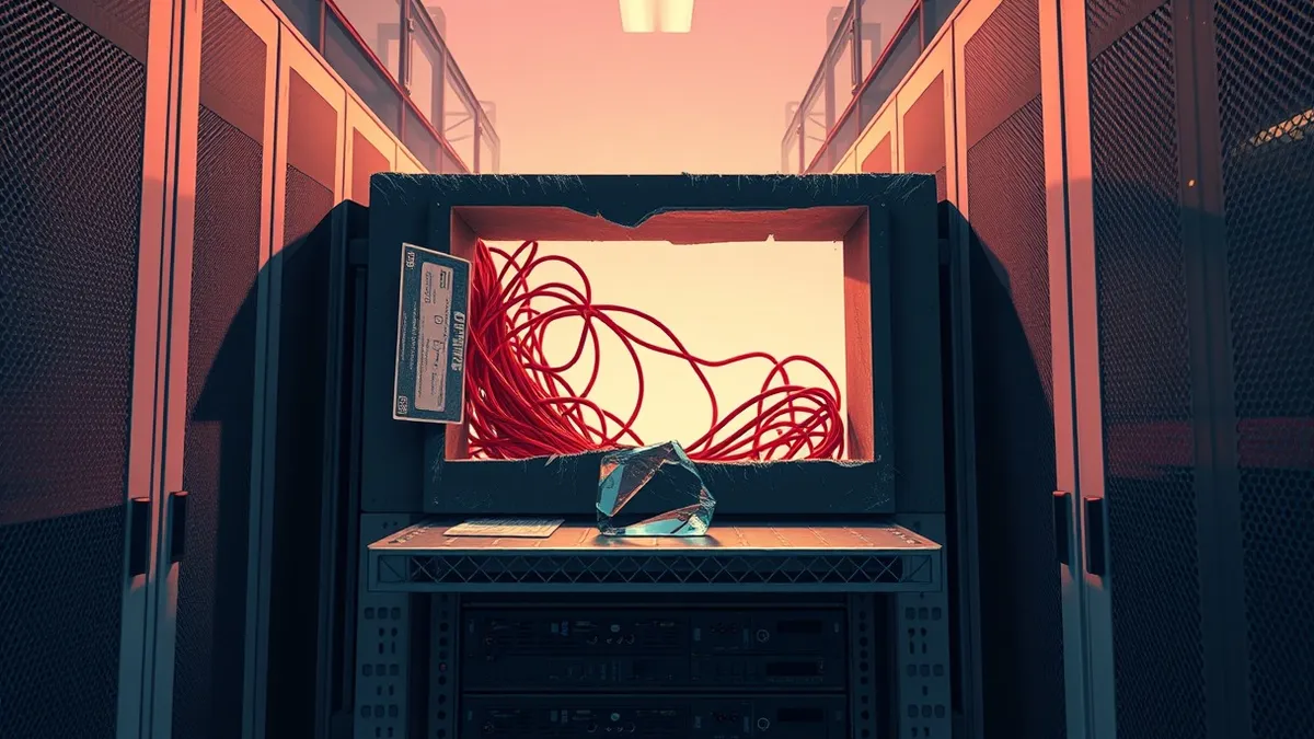 Illustration: A cracked, open ticket box sits on a dusty server rack, revealing tangled, glowing red wires inside.