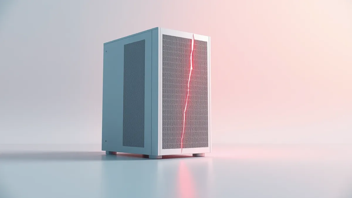 Illustration: A sleek, white server unit sits isolated on a clean floor, its front panel illuminated by a single red warning light.