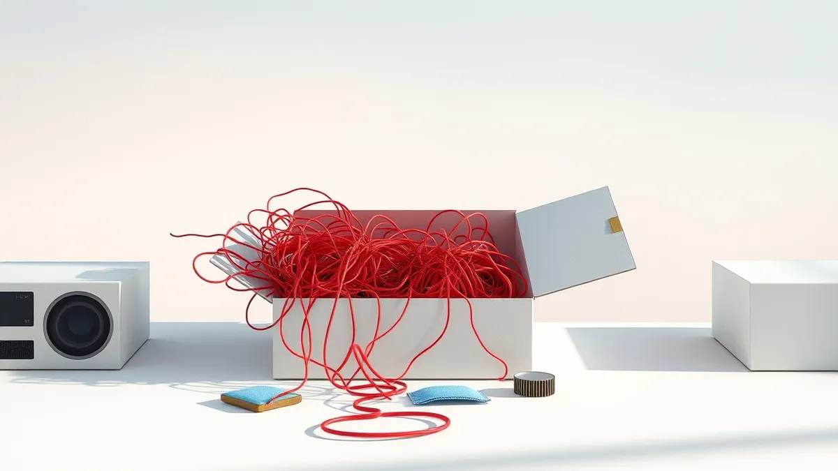 Illustration: An open software box sits on a clean white desk.